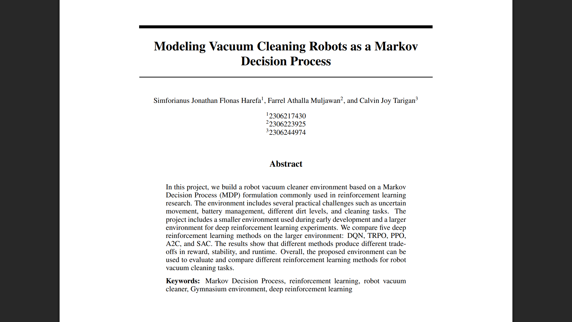 Vacuum Cleaning Robots MDP Paper Snapshot